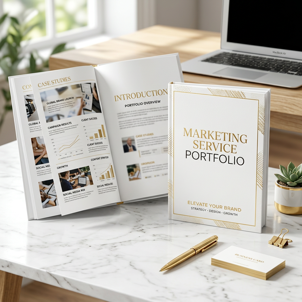 Marketing service portfolio book open to case studies and introduction pages on a marble surface with gold pen, business cards, and a succulent plant
