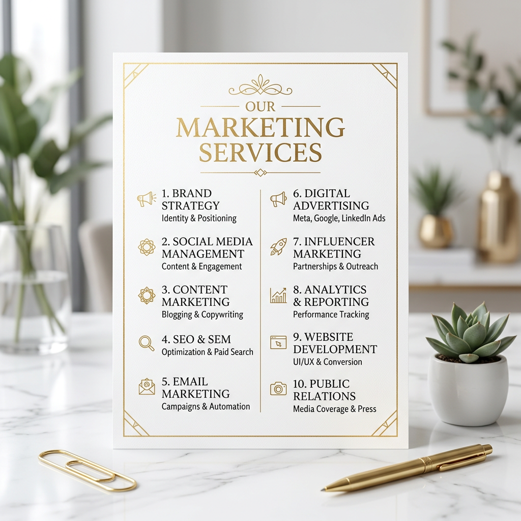 Marketing services including brand strategy, social media, content marketing, SEO, email marketing, digital ads, influencer outreach, analytics, website development, and public relations